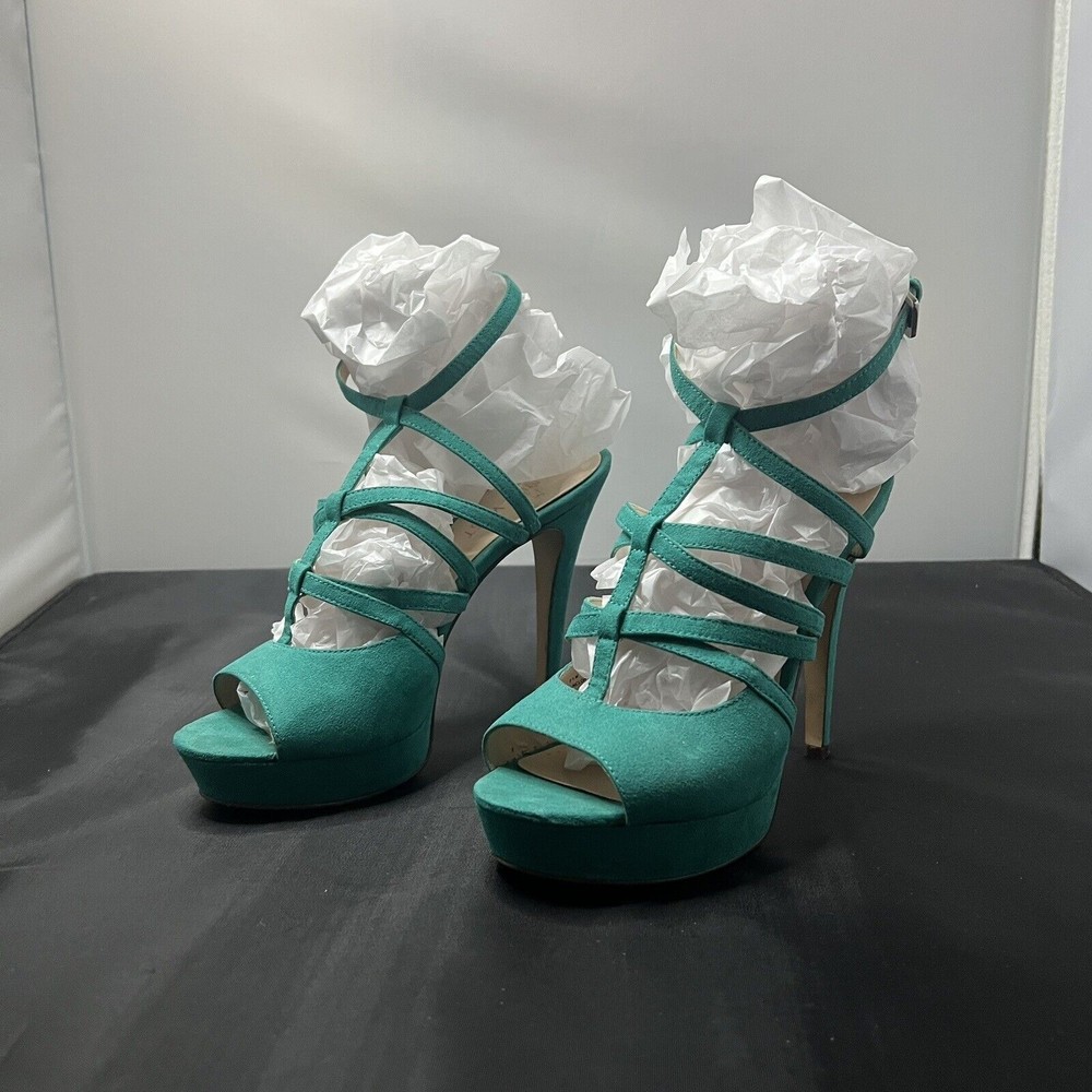 Nine West Peep Toe Ankle Strap Teal Turquoise Heels Suede Size 5.5